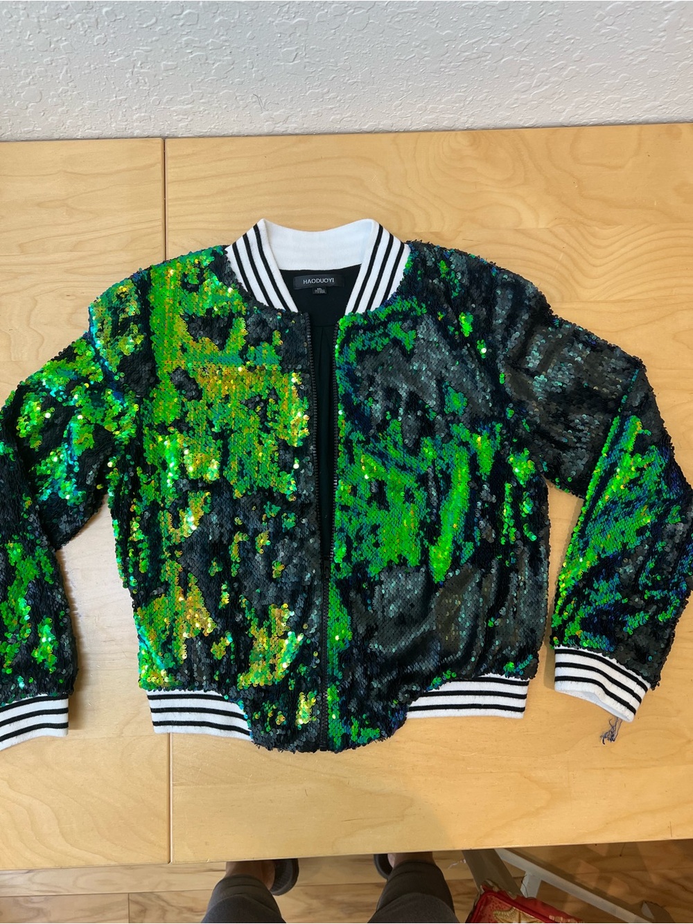 HAODUOYI Green & Black Sequin Bomber Jacket for Kids